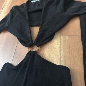 Perfect Texture Slinky Black Jumpsuit Cutout Top with Tortoiseshell Ring Detail